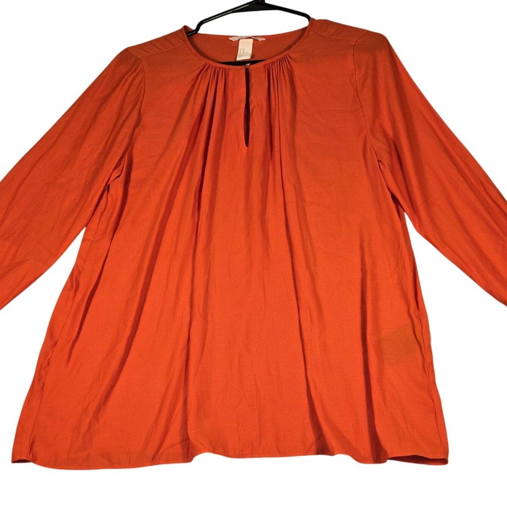 HM Womens Orange Keyhole Pleated Blouse Smocked Ruffle Cuff Top Size 8